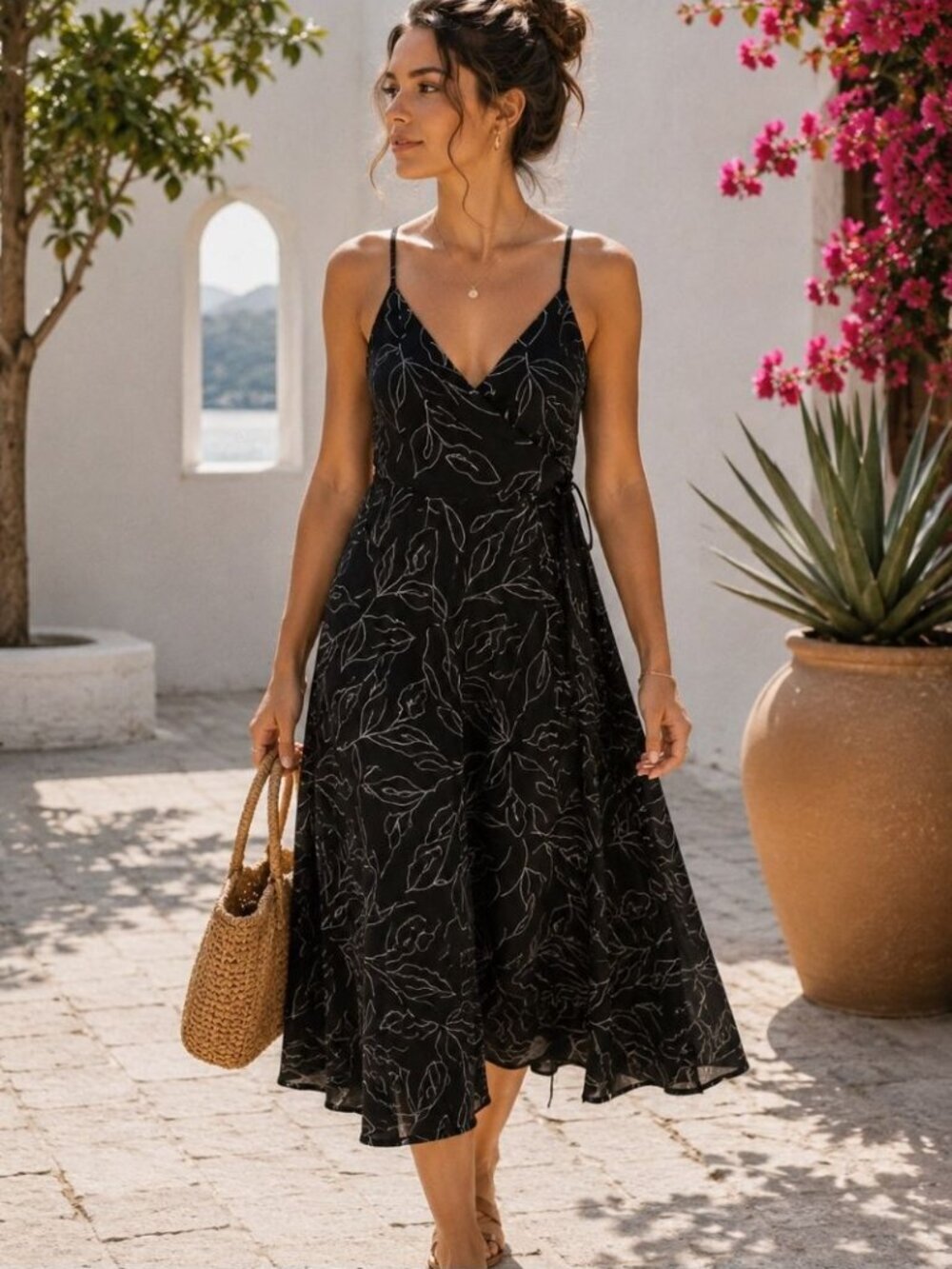 All Row Black Leaf Print Slip Medium Dress Minimalist Midi Boho Summer Chic